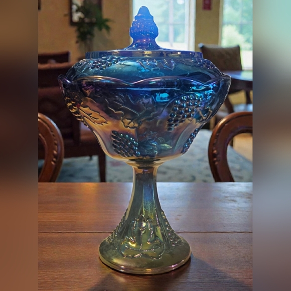 Indiana CoCarnival Glass Compote/Candy Dish Perfect Cond Harvest Grape Iridecent - Picture 8 of 9